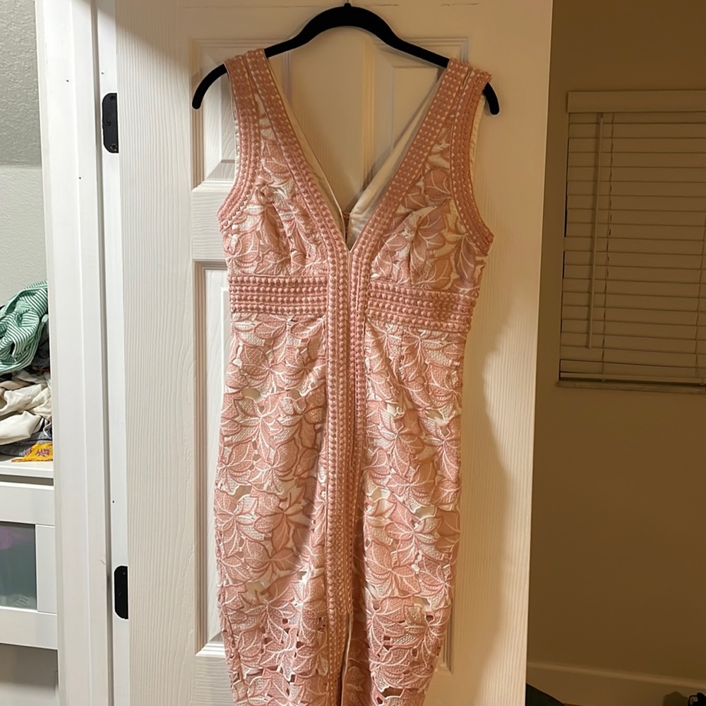 Bardot pink and white lace midi